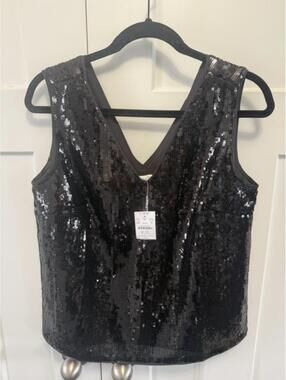 NWT J. Crew sequin black cropped v neck sleeveless tank top size small